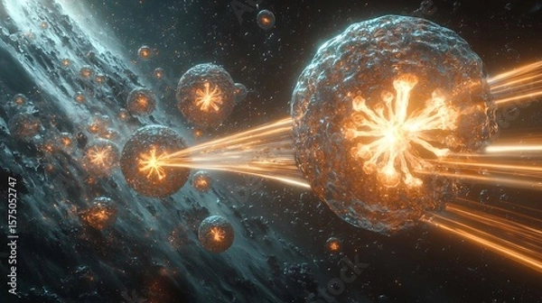 Fototapeta Glowing spheres with light beams in a dark space environment with abstract background elements. perfect for educational content, book covers, and creative storytelling.