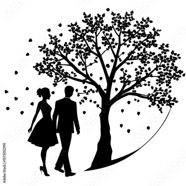 Fototapeta Couple walking under a tree with falling leaves silhouette vector illustration