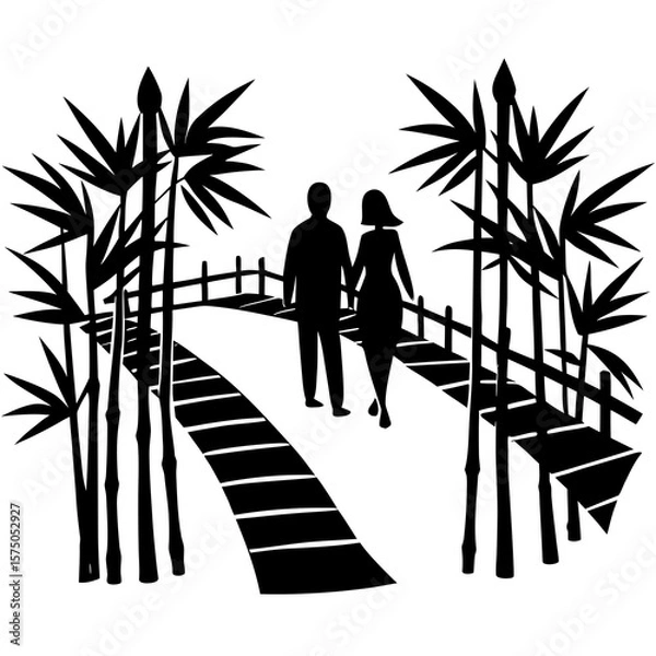 Fototapeta Couple walking on bridge with bamboo trees silhouette vector illustration