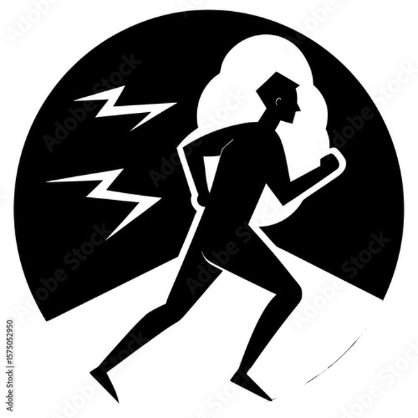 Fototapeta Running man with lightning in dark circle silhouette vector illustration