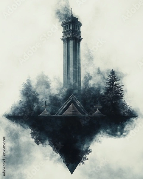 Fototapeta A grayscale image of a tall tower with pyramids and trees in a smoky and mirrored landscape. perfect for educational content, book covers, and creative storytelling.