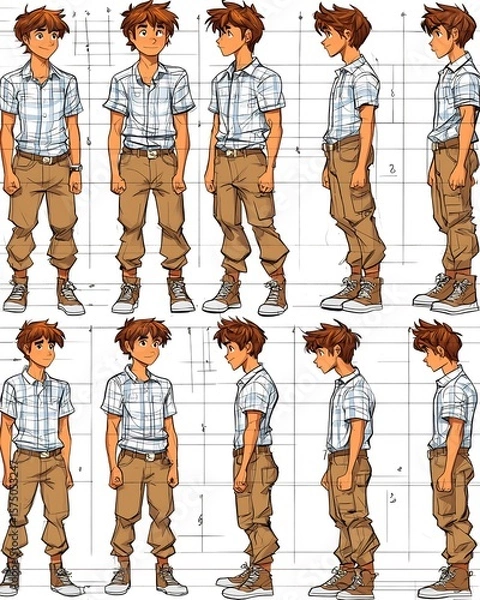 Fototapeta Character design sheet showing a young man in various poses and angles for animation reference use. perfect for educational content, book covers, and creative storytelling.