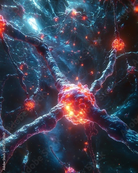 Fototapeta A microscopic view of neurons with glowing synapses and blue tinged dendrites in a dark environment. perfect for educational content, book covers, and creative storytelling.