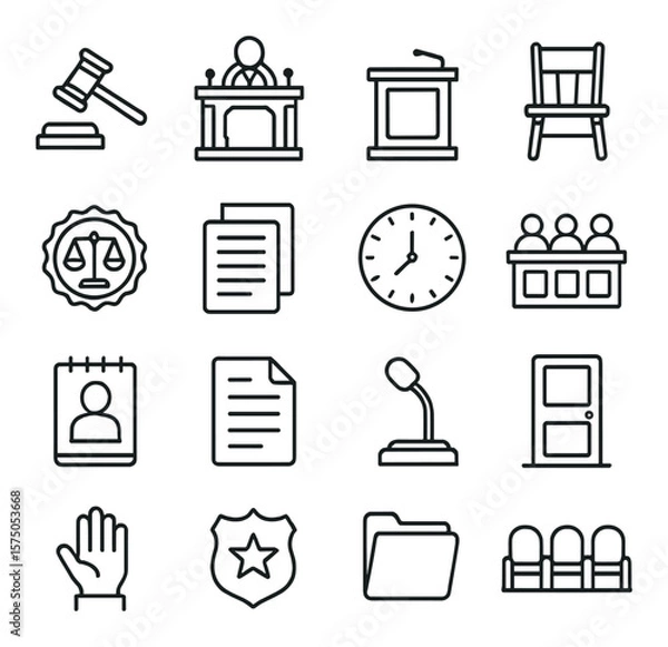 Fototapeta Courtroom Symbols line art icons. Gavel, judge bench, witness stand, courtroom chair, court seal, legal documents, courtroom clock, jury box, courtroom sketch pad, transcript icon,