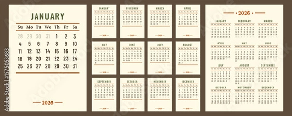 Fototapeta Calendar 2026. Retro Calendar daily planner. Vertical Business layout for print. Pages template for business, printable wall, monthly, desktop calendar. Week starts on Sunday. Vector flat illustration