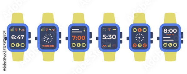 Fototapeta Color Smart watch icons isolated. Electronic gadgets set. Trendy Hand watch with Colour strap and Square watch screen. Smart watch top view. Digital watch with App icons. Vector