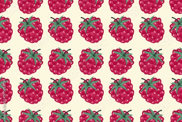Fototapeta Raspberry Seamless pattern. Berries background. Fruit pattern. Whole Ripe red raspberry with green leaf. Repeatable texture with fresh juicy vitamin. Vector illustration for wallpaper, textile, print