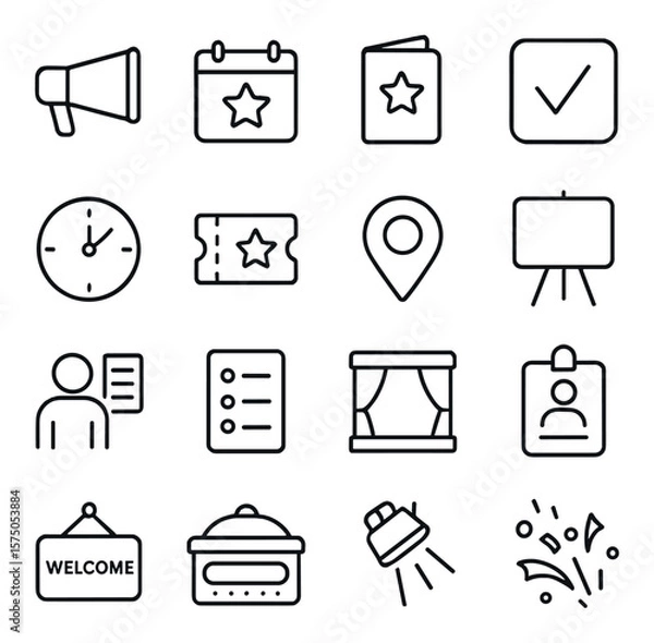 Fototapeta Event Announcements line art icons. Megaphone, calendar star, invite card, RSVP icon, countdown clock, event ticket, location pin, event board, speaker schedule, guest list, stage