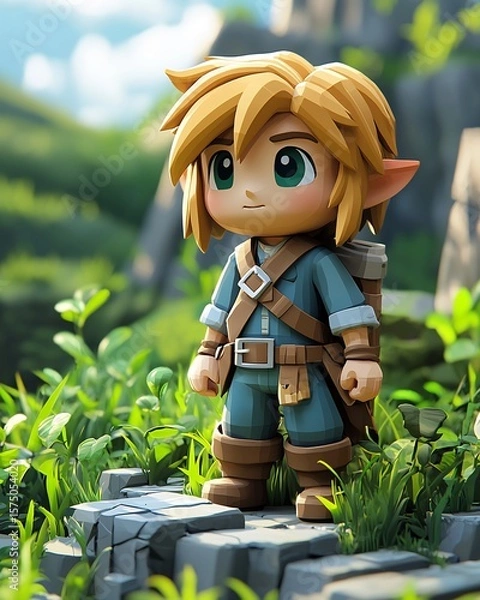 Fototapeta A stylized cartoon character standing on stone blocks in a grassy outdoor environment with a backpack. perfect for educational content, book covers, and creative storytelling.