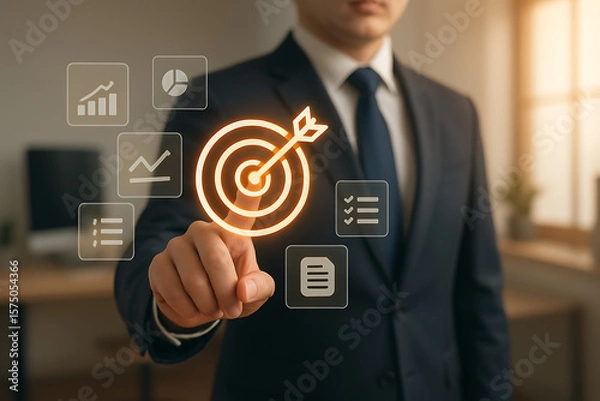 Fototapeta Businessman in suit pressing glowing digital target icon on virtual screen with business icons representing goal setting strategy performance and productivity in modern office environment