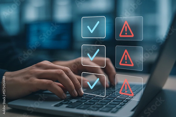 Fototapeta Closeup of hands typing on laptop with virtual checkmarks and warning icons representing cybersecurity audit task status system error detection risk assessment and digital compliance interface