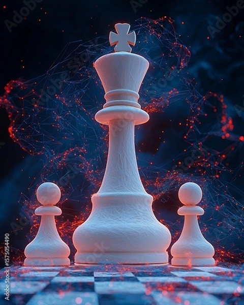 Fototapeta A chess king and two pawns on a chessboard with a digital network background with red and blue lights. perfect for educational content, book covers, and creative storytelling.