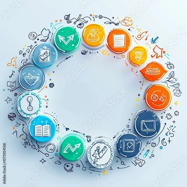 Fototapeta Colorful round icons arranged in a circle with hand drawn doodles on a white background art concept. perfect for educational content, book covers, and creative storytelling.
