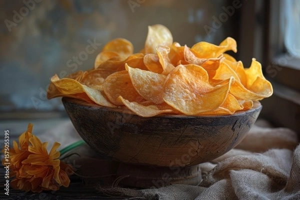 Fototapeta Close-up of crispy potato chips in a bag, perfect for snacking with calorie and cholesterol details, highlighting this crunchy junk food