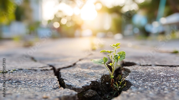 Fototapeta Small green plant sprouting through cracked concrete pavement with warm sunlight in the background symbolizing resilience hope nature strength growth and environmental urban renewal