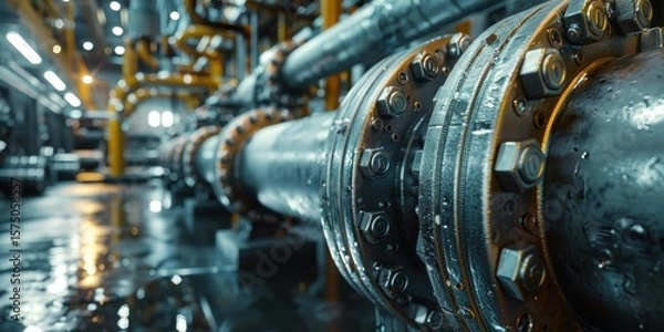 Fototapeta Connection of pipeline flanges secured with metal fasteners transporting a cryogenic liquid at a facility