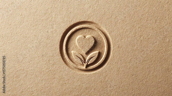 Fototapeta Eco friendly embossed paper stamp with heart and leaf symbol promoting sustainable natural products organic branding and biodegradable packaging in minimalist earthy design concept