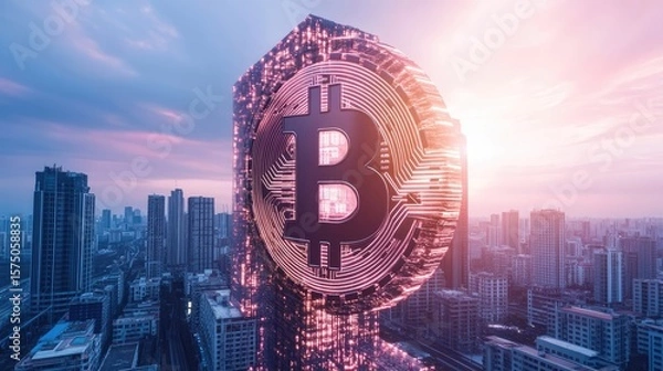 Fototapeta Gigantic Bitcoin coin integrated into futuristic skyscraper above modern city at sunset with vibrant sky. Generative by AI