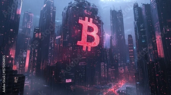 Fototapeta Gigantic Bitcoin coin integrated into futuristic skyscraper above modern city at sunset with vibrant sky. Generative by AI