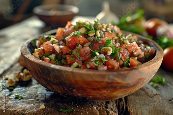 Fototapeta salad with tomatoes, herbs, and nuts served on a table
