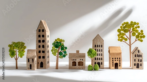 Fototapeta Miniature sustainable city made from recycled cardboard and craft materials with eco friendly buildings and trees symbolizing green architecture reuse and urban environmental responsibility