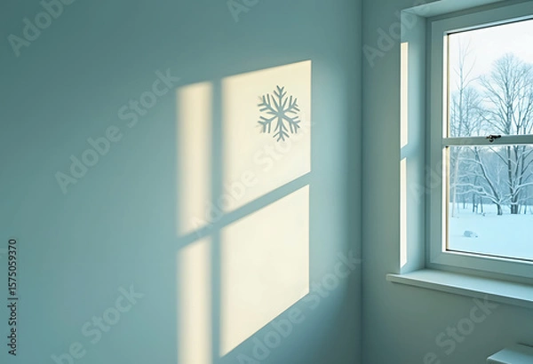 Fototapeta Snowflake shadow reflection on the wall in a cozy winter room