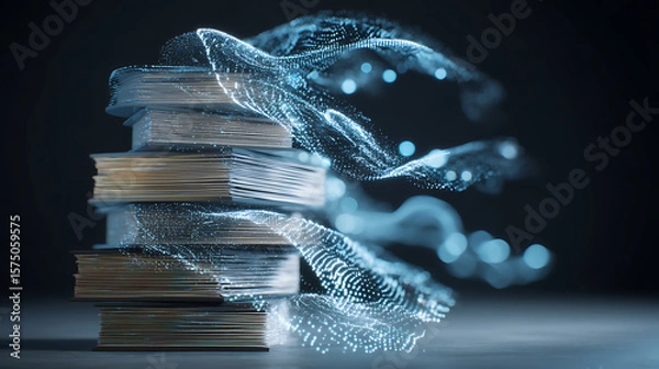 Fototapeta Stack of printed books transforming into glowing digital data particles representing knowledge transfer innovation e learning and future of technology in education and publishing industries