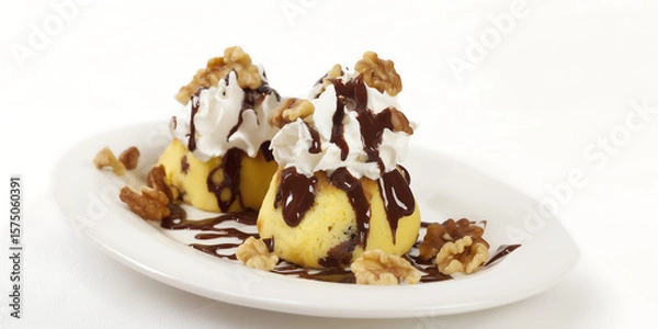 Obraz National Dishes of Hungary - Somloy Dumpling - a sponge cake dessert with walnuts, rum syrup, whipped cream and chocolate sauce