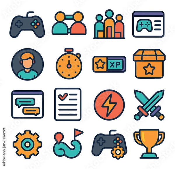 Fototapeta Online Gaming modern flat .Game controller, multiplayer icon, leaderboard, game lobby, character avatar, match timer, XP bar, loot box, in-game chat, quest log, power-up icon, PvP