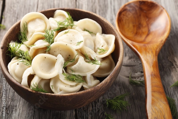 Obraz Traditional Russian delicacies - Pelmeni. A mixture of ground beef, lamb and chicken, wrapped in an envelope of unleavened dough.