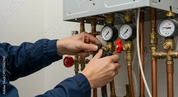 Obraz Professional Plumber Inspecting and Adjusting Boiler System Pipes and Gauges for Home Heating Maintenance