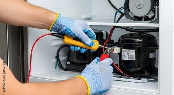 Fototapeta Professional Technician Diagnosing Refrigerator Electrical System with Multimeter for Appliance Repair and Maintenance