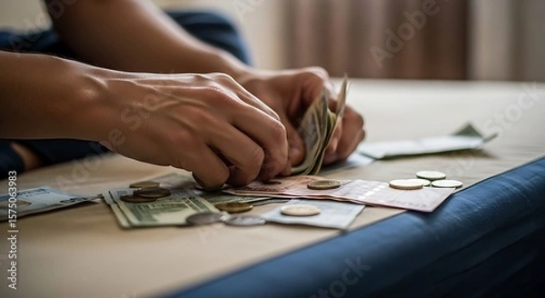 Fototapeta Close-up of hands counting and organizing money on a surface.