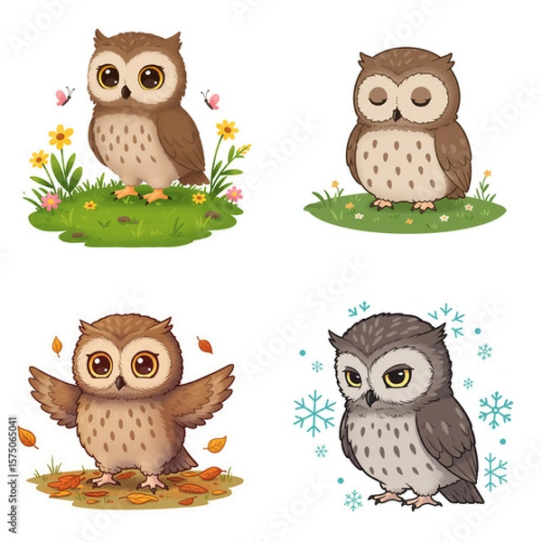 Fototapeta Cartoon owls in four seasons on green grass and white background  