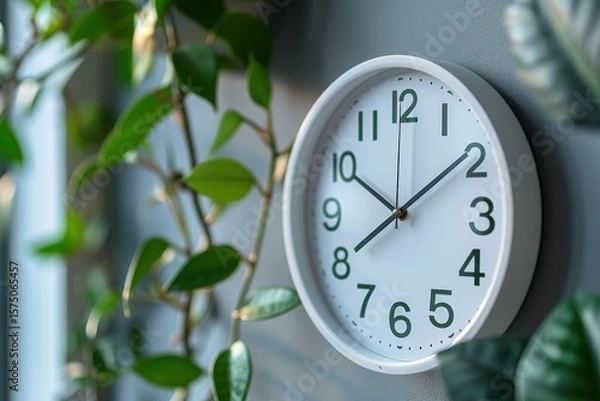 Fototapeta Shiny green clock on a bright wall showing 1:15