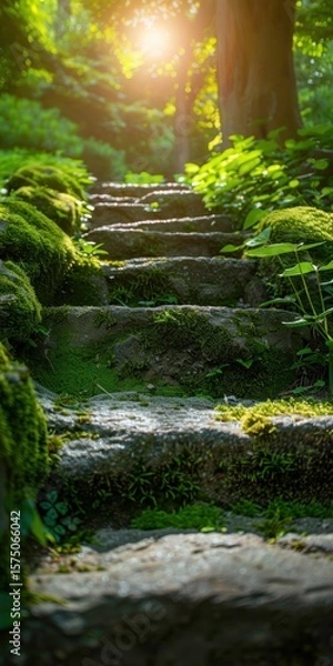 Fototapeta Collection of aged stone steps next to a plaster wall, ascending toward an unknown area in a tranquil garden, illuminated by gentle daylight