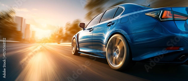Fototapeta Dynamic Rear View of a Luxury Blue Sedan Speeding Through a City at Sunset. Ideal for automotive advertising, urban travel, or concepts of movement and efficiency.