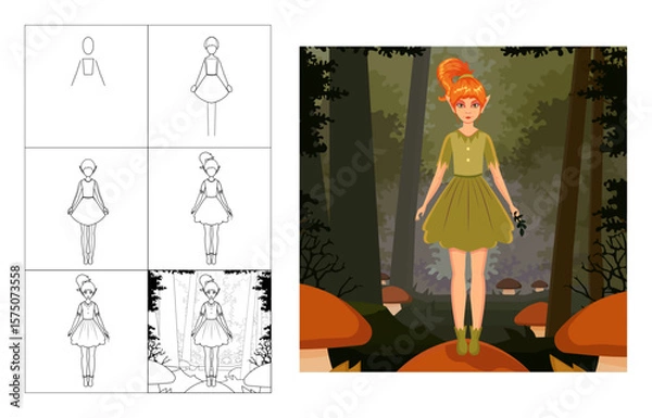 Fototapeta A step-by-step guide on how to draw an elf girl. tutorial for beginners, coloring book, online art, empty outlines. thicket of the forest, pointy-eared woman, fairy, fantasy creature. Grey and green
