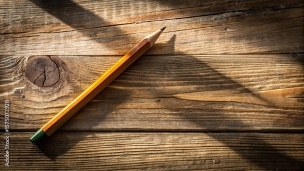Fototapeta A pencil lies on a worn wooden desk with a faint shadow of an unfinished sketch