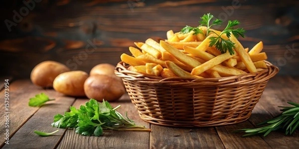 Fototapeta Crisp golden french fries arranged neatly in a wicker basket with a few scattered potato wedges and fresh herbs , herbs