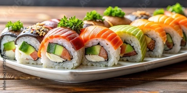 Fototapeta Close-up shot of a plate of sushi with various fillings such as eel, salmon, and avocado, arranged in a neat and tidy manner on top of a bed of rice , Japanese cuisine, salmon