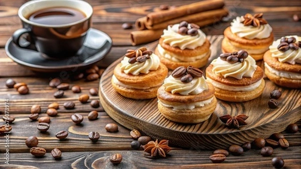 Fototapeta Delicate pastries with creamy filling on a wooden table in a cozy atmosphere, surrounded by aromatic spices and espresso beans, intimate setting, dessert