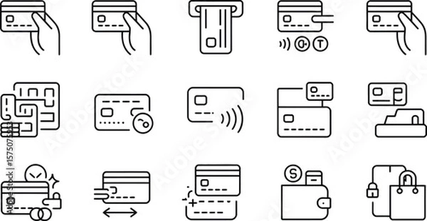 Fototapeta Various black outline icons depicting credit card usage and payment methods shown