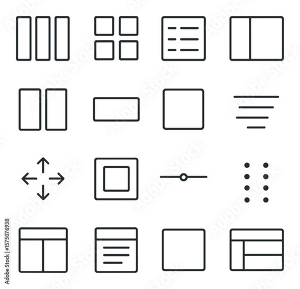 Obraz Interface layout controls line art icons. column layout, grid view, list view, sidebar toggle, split screen, full width, container box, alignment tool, spacing icon, padding