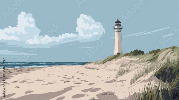 Obraz Lighthouse On The Beach Flat Vector Illustration
