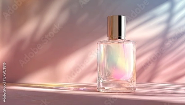 Fototapeta Pink perfume bottle, sunlight, palm shadows, display