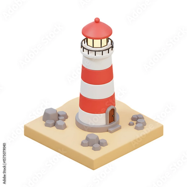 Fototapeta Isometric beach lighthouse with red top