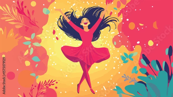 Obraz Joyful Lady Completing Loading Process in Flat Vector Illustration