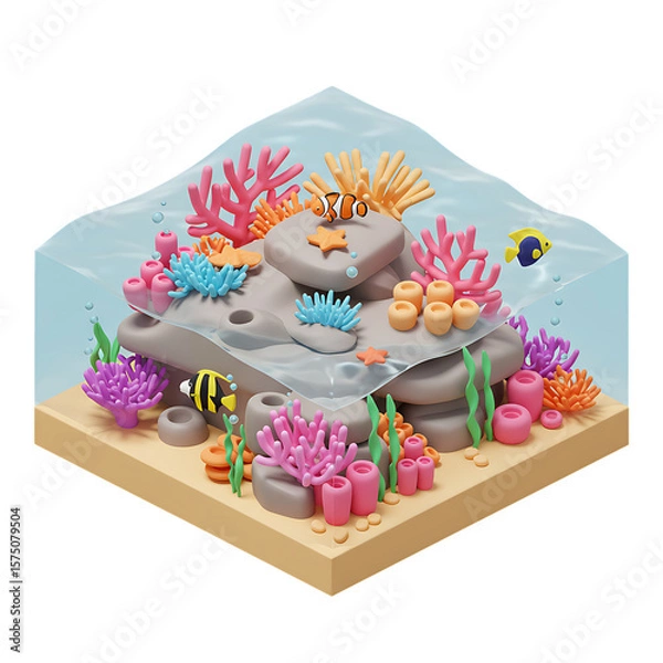 Fototapeta Isometric reef ecosystem with corals and fish