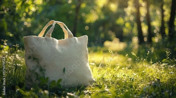 Obraz A white bag is sitting on the grass in a field